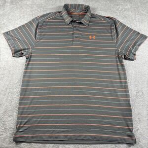 Under Armour Gray Orange Striped Loose Fit Golf Polo Shirt Performance Mens XL